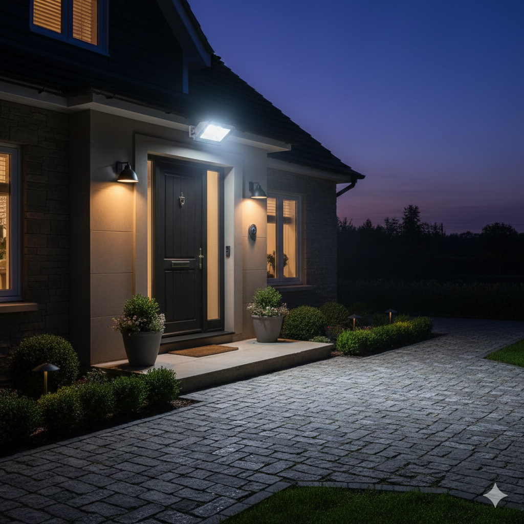 Front Entrance Security Lighting: A UK home exterior at dusk, featuring a well-lit front entrance. Two smart wall lanterns flank the dark-colored door, while a bright, motion-activated floodlight illuminates the door and the stone-paved pathway, emphasizing safety and security.