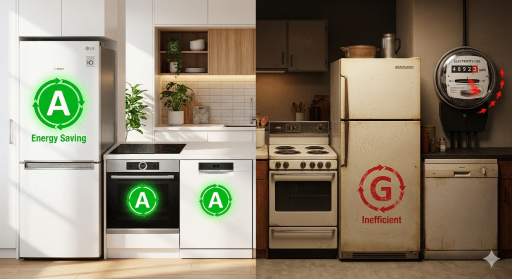 Split comparison image showing energy rating difference between appliances, left side modern energy efficient kitchen appliances with glowing green A rating label, right side older inefficient appliances with red G rating label and rising electricity meter, bright modern kitchen setting, dramatic lighting contrast, realistic photography style

