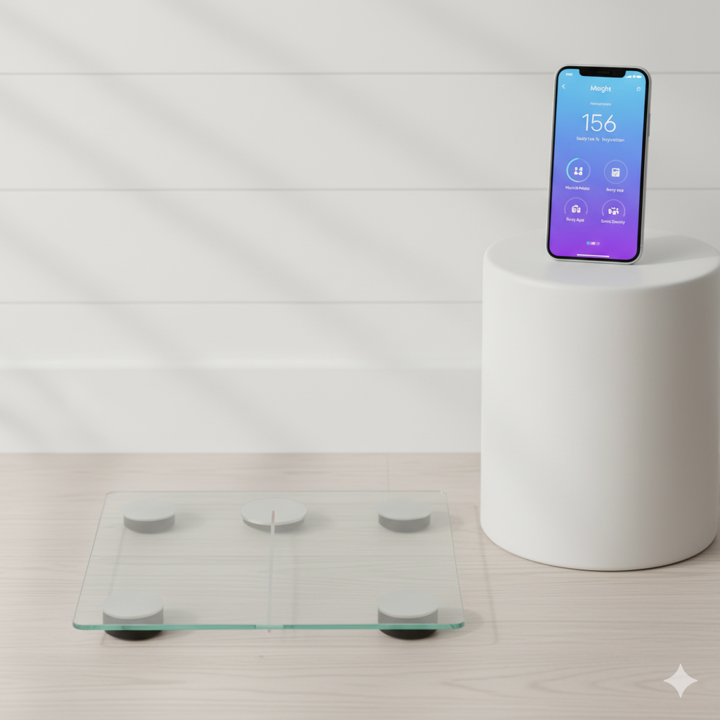 "A white, best smart scale sitting on a neutral floor in a bright UK home. A smartphone next to it displays an app interface with body composition metrics, including numbers for weight, body fat percentage, and hydration levels."