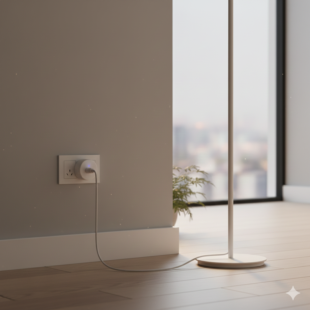 A close-up shot of a modern white UK wall socket with a matching white smart plug inserted. A standing lamp's black cable is clearly plugged into the smart plug. The smart plug has a subtle blue indicator light, suggesting it is active or paired. The shot is slightly low angle, focusing on the connection point and the tidily arranged cable, set against a smooth gray wall and a light wooden floor. The composition emphasizes the controlled flow of power through the smart device.