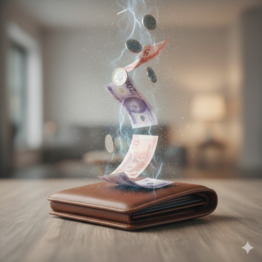 A close-up of a hand reaching to unplug a device from a white power strip, which is sitting on a wooden coffee table in a clean, warm-toned living room with neutral colors. The background shows a soft-focus sofa and lamp, emphasizing the domestic setting.
