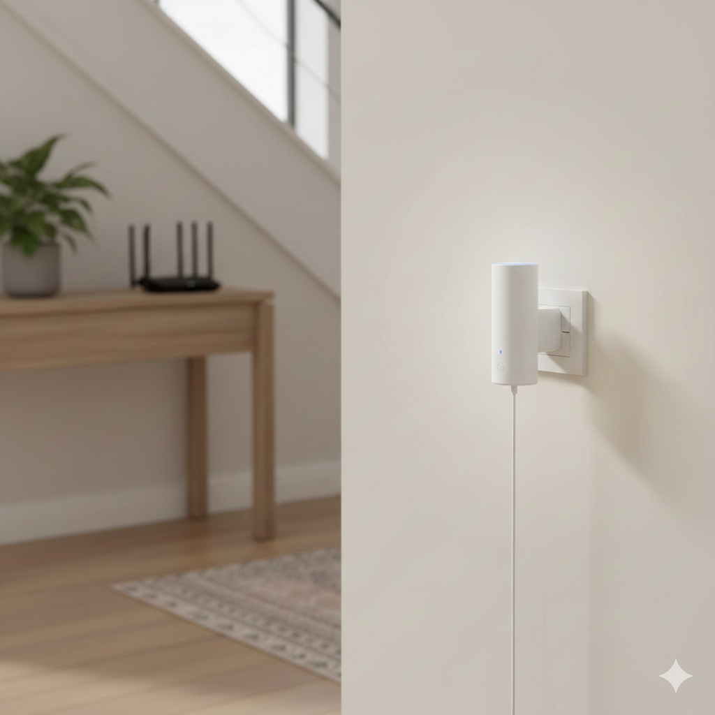 A subtle, modern white Wi-Fi range extender is plugged into a wall socket in a bright UK home hallway with neutral walls. The extender has a soft blue indicator light glowing at the top, suggesting it's active. In the blurred background, a black primary Wi-Fi router sits on a light wooden table beneath a staircase, establishing the distance and purpose of the extender.