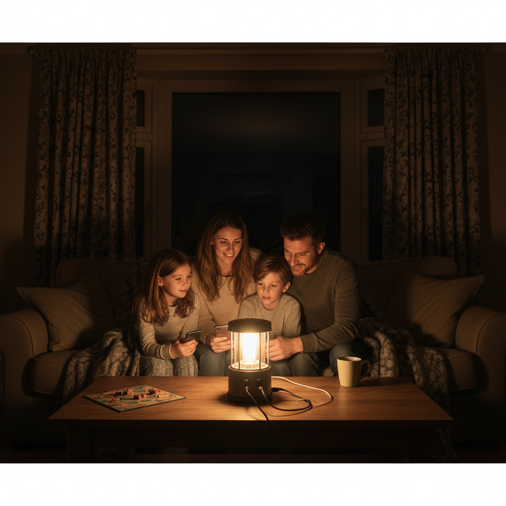 Indoor Power Cut Scene: A warm, cozy scene in a UK living room at night during a power blackout. A family is gathered around a coffee table, illuminated by the soft, warm glow of a rechargeable lantern. A smartphone is visibly charging from the lantern, emphasizing its safety and practicality during an emergency.