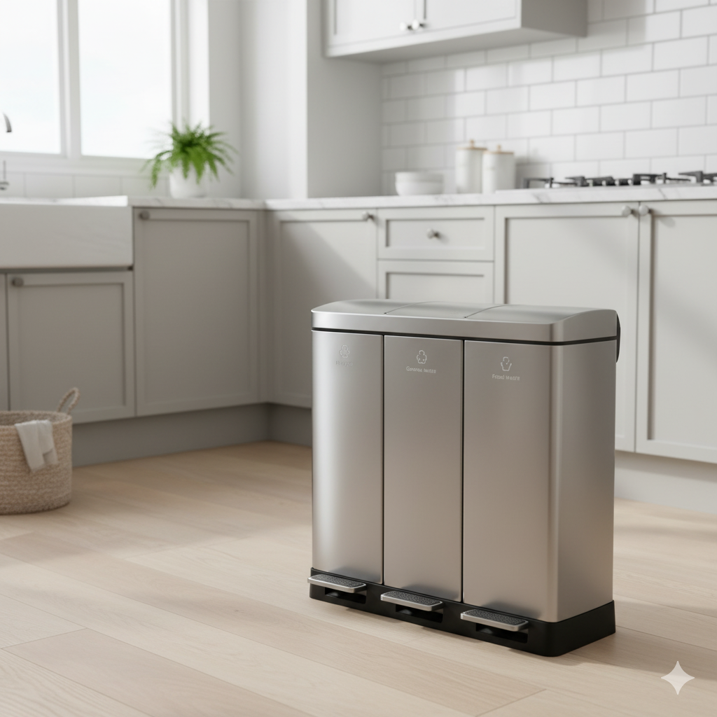 A landscape image of a modern, bright UK kitchen with soft natural lighting coming from a window. On a light wooden floor, a contemporary, sleek stainless-steel triple-compartment recycling bin stands in the foreground. Each compartment has a pedal-operated lid, indicating an efficient waste sorting system within a clean home environment that includes subtle plants and kitchen cabinetry.