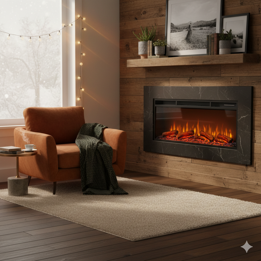 A warm, cozy living room scene with a realistic electric fire uk set into a wood-paneled wall, featuring an orange armchair, a blanket, and string lights.