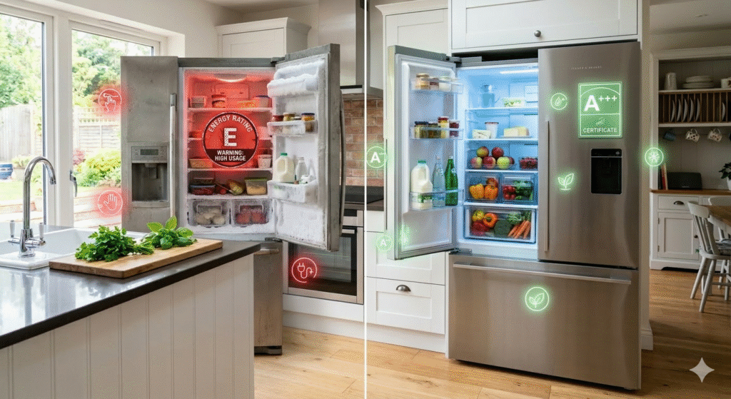 Split comparison image of two fridge freezers in a kitchen, left side older inefficient fridge with frost build up and red energy meter glow, right side modern energy efficient fridge freezer with organised food and green energy symbol, bright modern kitchen lighting, realistic style, high detail

