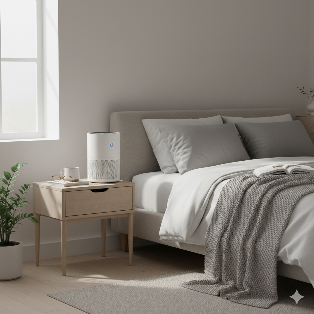 "A modern, minimalist UK bedroom in landscape orientation. Soft natural light illuminates the space, featuring a bed with neutral-toned linen and a compact budget air purifier uk placed prominently on a clean wooden bedside table. A blanket and a mug suggest a cozy atmosphere."