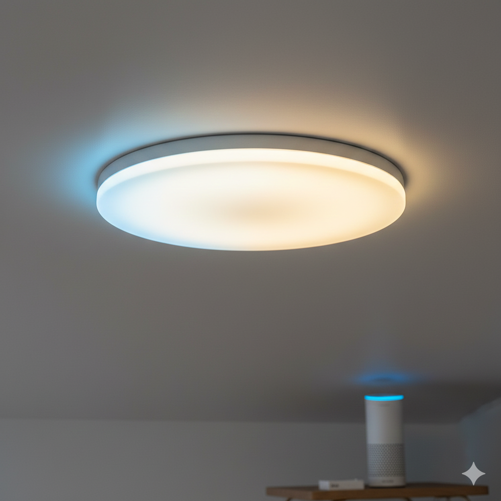 A close-up shot from below of a sleek, modern smart ceiling light fixture affixed to a light grey ceiling. The light is dynamically cycling through different colors, displaying a blend of blue, warm white, and soft yellow hues around its edge, highlighting its versatile app control. In the blurred background, a subtle Alexa smart speaker is visible on a wooden side table, its blue light ring indicating activity, emphasizing the seamless tech integration and smart features of the lighting system.