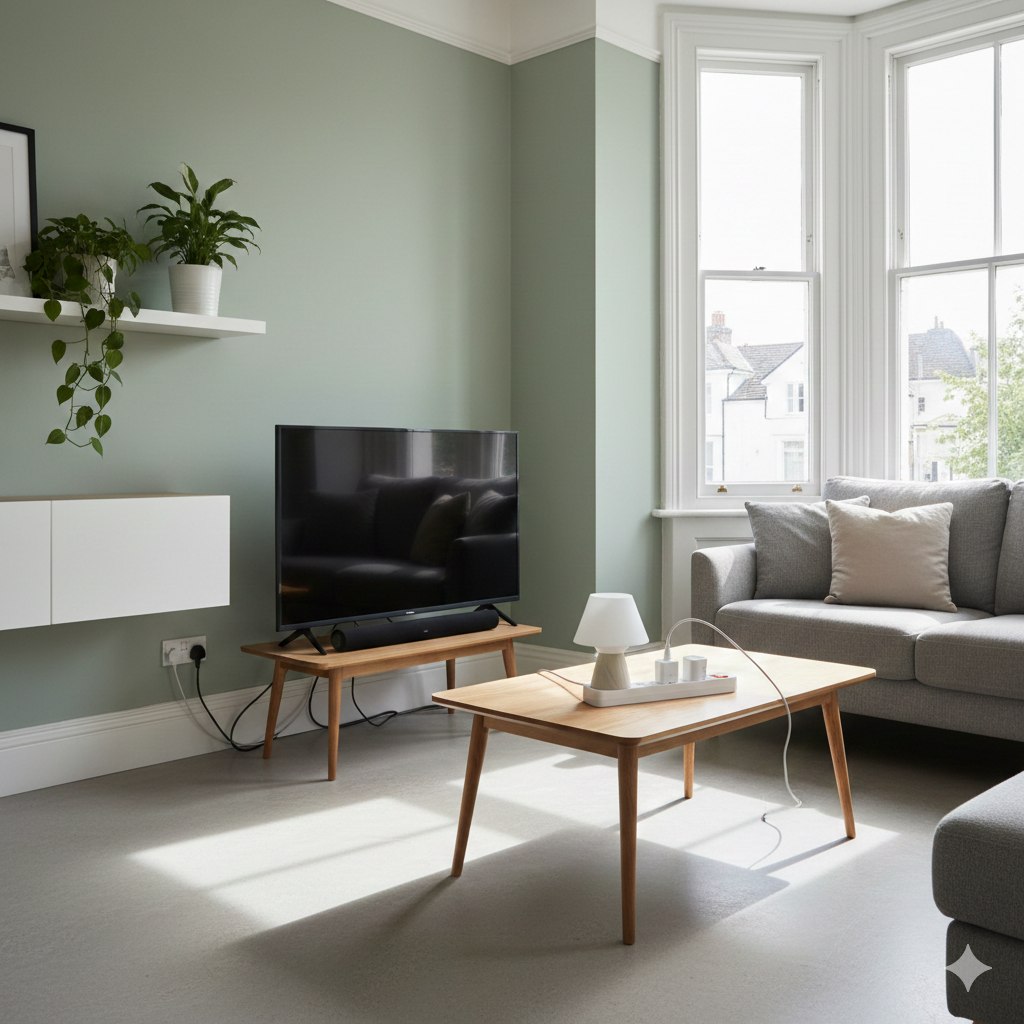 an image depicting a modern, uncluttered living room with various electronic devices subtly integrated, but with an emphasis on natural light and perhaps a single smart power strip visible. The aesthetic would be clean and calming.