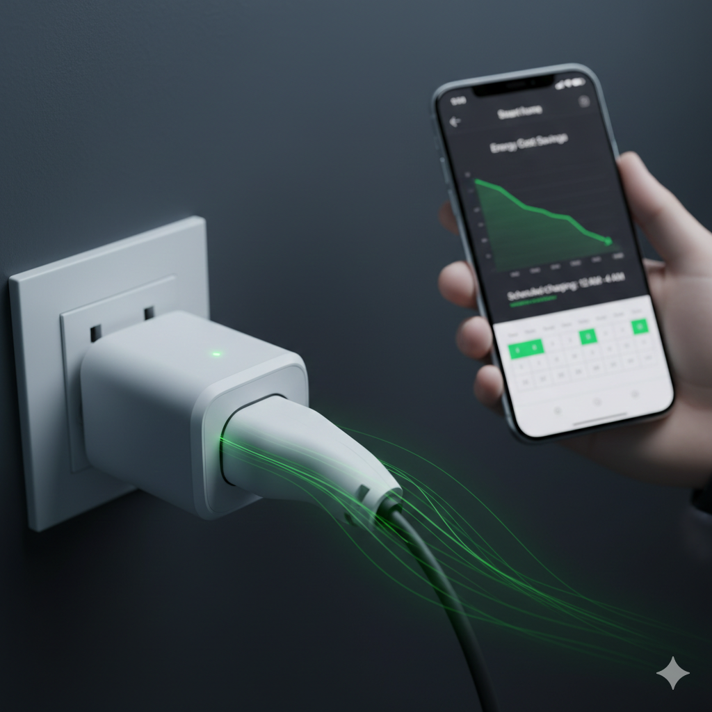 This image could be a more serene and smart-tech focused visual. Show a close-up of a smart plug with a subtle green glow, indicating efficiency, perhaps connected to an appliance like a dishwasher or an EV charger. In the background, subtly hint at a digital interface (like a smartphone screen) displaying a smart home app with a schedule or a graph showing energy savings. The overall feeling should be calm, controlled, and forward-thinking, emphasizing the "secret" of smart scheduling.