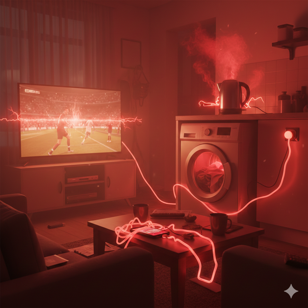 Imagine a stylized depiction of a typical UK living room during peak hours. You could show several common appliances plugged in and visibly "active" or glowing with energy – perhaps a TV on, a kettle boiling on the counter, a washing machine running, and a charger plugged into a phone. To visually represent the "battle," maybe have subtle, almost aggressive-looking red energy waves or lines emanating from these appliances, suggesting high power consumption. The overall mood could be a bit hectic or busy, reflecting peak usage.