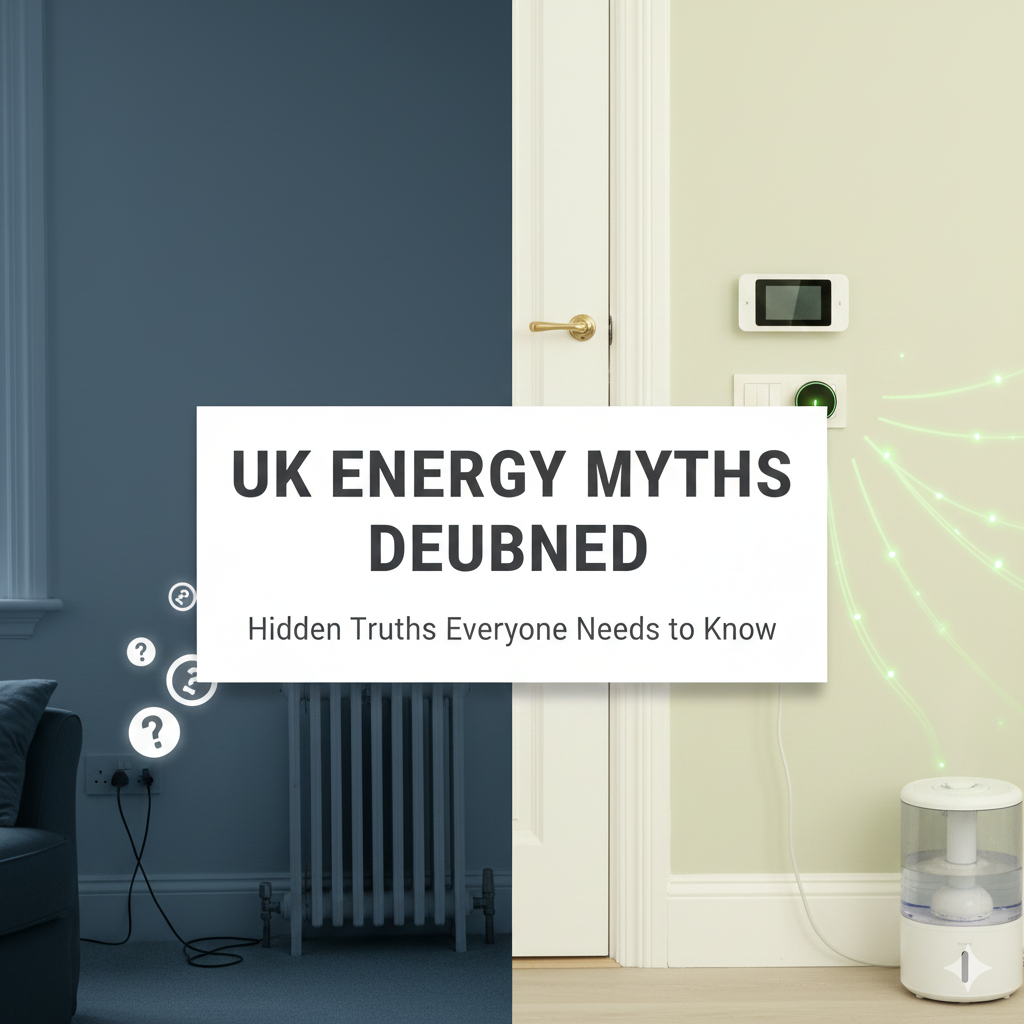 Alt Text: A featured image with a clean, neutral color palette divided into two halves by a vertical line, representing the debunking of energy myths. The left side shows a chaotic depiction of common household items (thermostat, plug socket, lightbulb) with a subtle negative overlay (the 'Myth' side). The right side shows the same household items represented with a modern, clean, and efficient look (the 'Truth' side). The title is prominently displayed across the top: "UK Energy Myths Debunked — Hidden Truths Everyone Needs to Know."