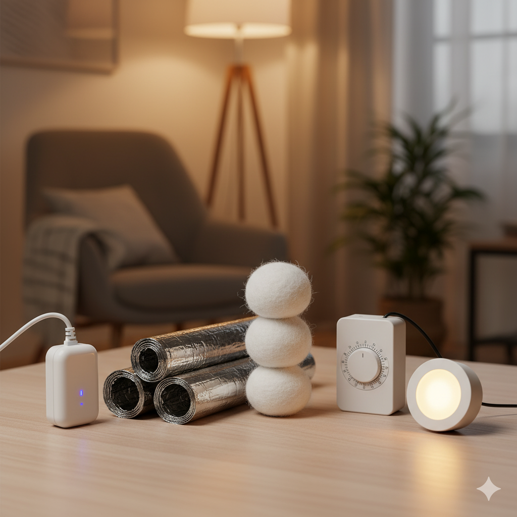 "A neat and aesthetic flat lay of five energy-saving gadgets displayed on a modern wooden side table in a well-lit room. The items include a white smart plug, a roll of silver radiator reflector foil, wool dryer balls, a white timer switch, and a small LED night light, illustrating the concept of 'small gadgets, big wins'."