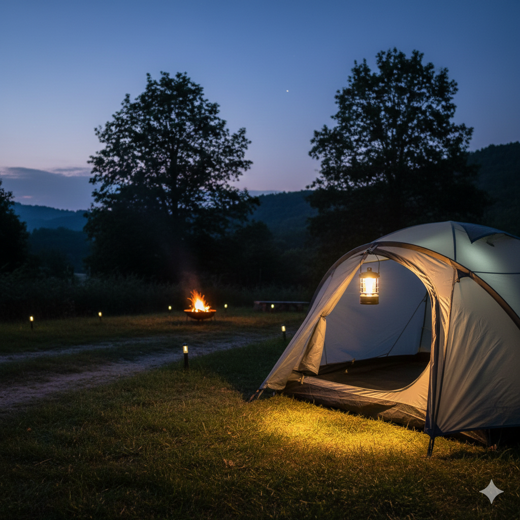 Outdoor Camping Setup: A scenic view of a tent pitched at a UK countryside campsite at dusk. A bright, rechargeable lantern hangs illuminating the tent entrance. Warm ambient light from a campfire or pathway lights is visible in the background, highlighting the lantern's rugged versatility for outdoor use.