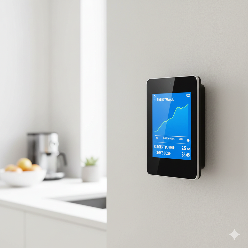 a sleek, modern smart energy monitor display. It should be digital, perhaps showing a clear graph of energy usage, real-time data, or a user-friendly interface. The setting could be a contemporary home environment, like a kitchen counter or a wall in a living room, suggesting integration into modern life and active monitoring. The display should be brightly lit, contrasting with the older meter. This image would represent the "after" and the benefits of smart technology.