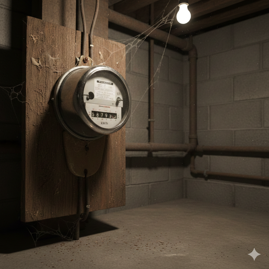 an older, perhaps slightly dusty, traditional analog electricity meter. It could be mounted on a weathered wooden board, with the spinning disk visible through the glass. The background might be a slightly dim, older basement or utility closet, suggesting the past and manual readings. This image would evoke a sense of the "before" in your comparison.