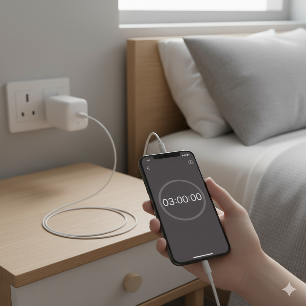 "A close-up of a white smart plug inserted into a white UK wall socket. The plug is powering a phone charger cable. A smartphone screen is visible nearby, displaying a digital countdown timer set to '3 hours', demonstrating how the smart plug is used to automatically shut off overnight charging."