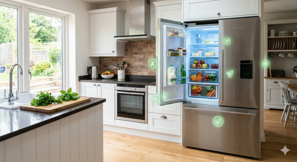 Bright modern UK kitchen interior with a sleek stainless steel fridge freezer slightly open showing organised fresh food, soft blue cooling light inside, subtle green energy icons floating around the appliance, clean modern kitchen aesthetic, natural daylight, high detail, realistic photography style

