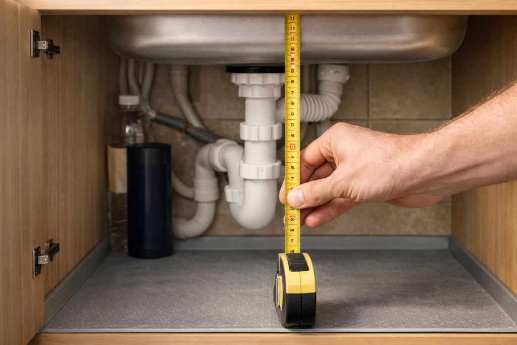Hand measuring internal height of under-sink kitchen cupboard with tape measure before buying storage organiser