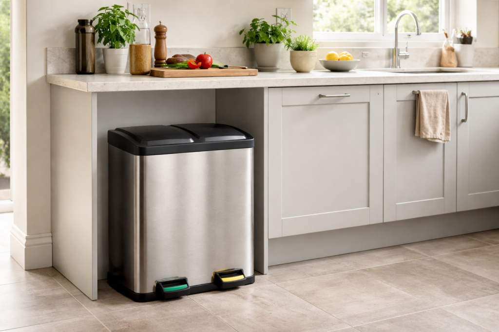 Stainless steel dual compartment kitchen recycling bin beside kitchen counter in a modern UK home