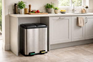 Stainless steel dual compartment kitchen recycling bin beside kitchen counter in a modern UK home