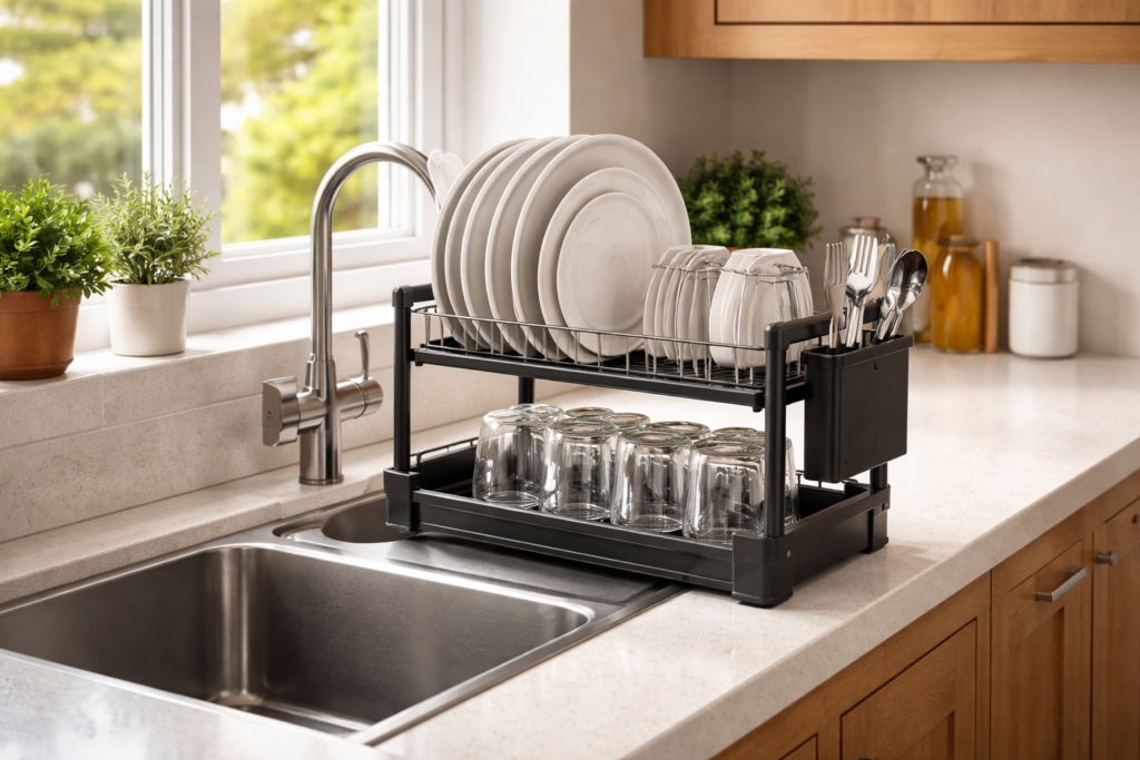 Compact black stainless steel dish drainer with plates and glasses drying on a small UK kitchen worktop beside the sink