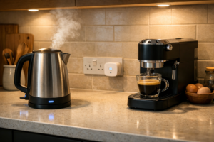 Modern UK kitchen worktop with kettle boiling and smart plug in socket beside a coffee machine