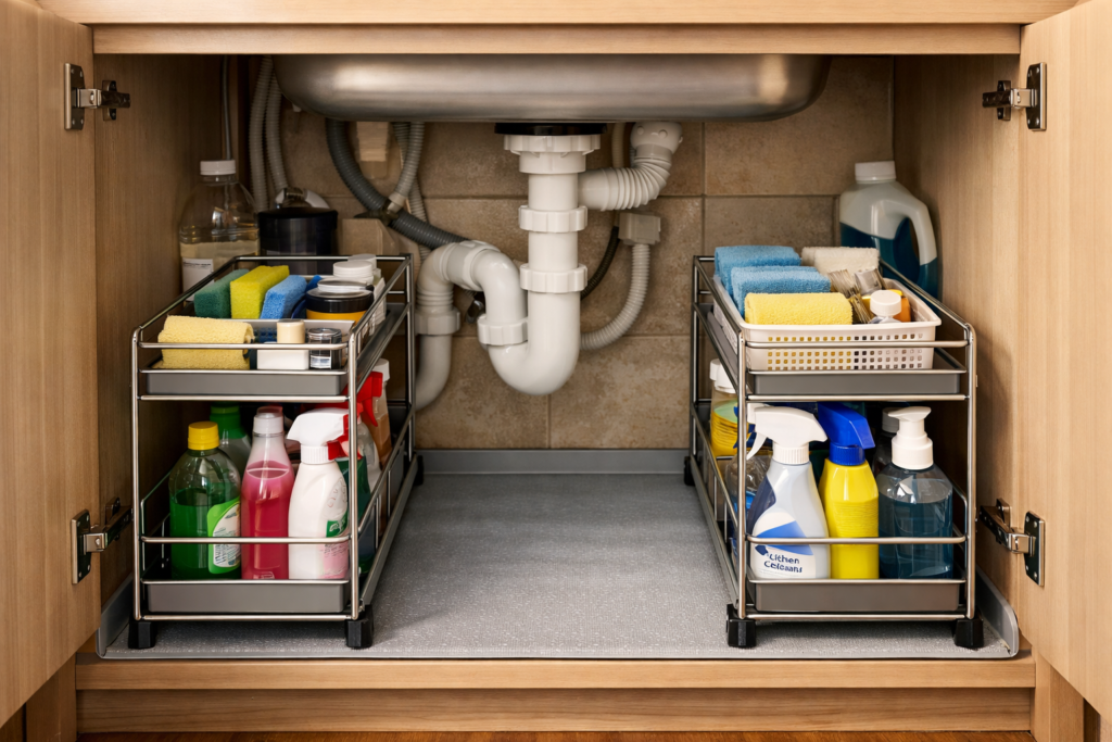 Neatly organised under-sink kitchen cupboard with pull-out metal storage drawer units either side of the waste pipe