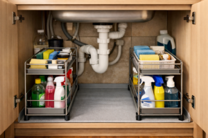 Neatly organised under-sink kitchen cupboard with pull-out metal storage drawer units either side of the waste pipe