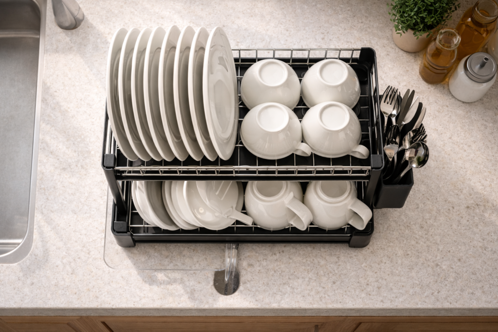 Fully loaded two-tier black dish drainer with plates bowls mugs and cutlery on a UK kitchen worktop