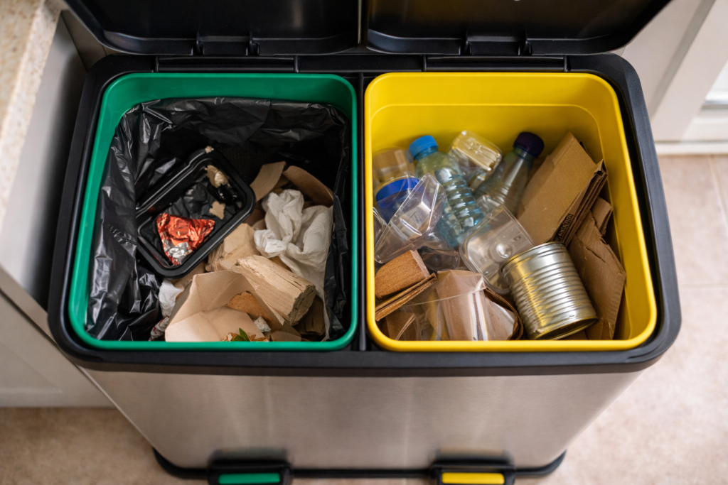 Inside view of dual compartment kitchen recycling bin showing general waste and dry recycling separated in colour-coded inner buckets