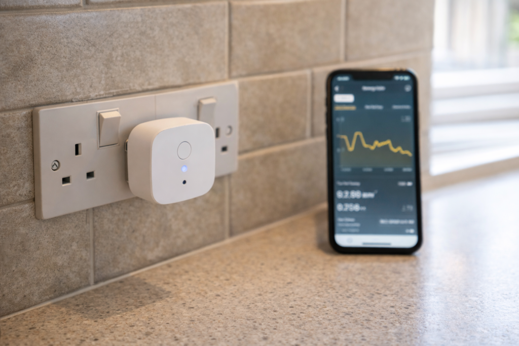 Smart plug inserted into UK wall socket with smartphone showing energy monitoring app in kitchen