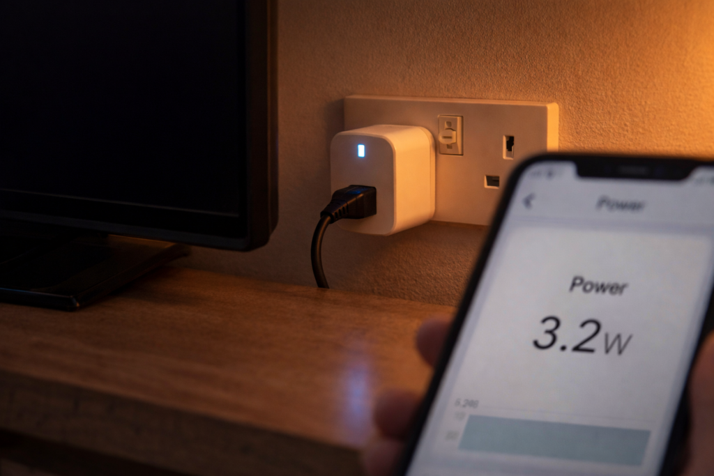 Smart plug fitted in UK wall socket behind television with energy monitoring app showing standby wattage on phone screen