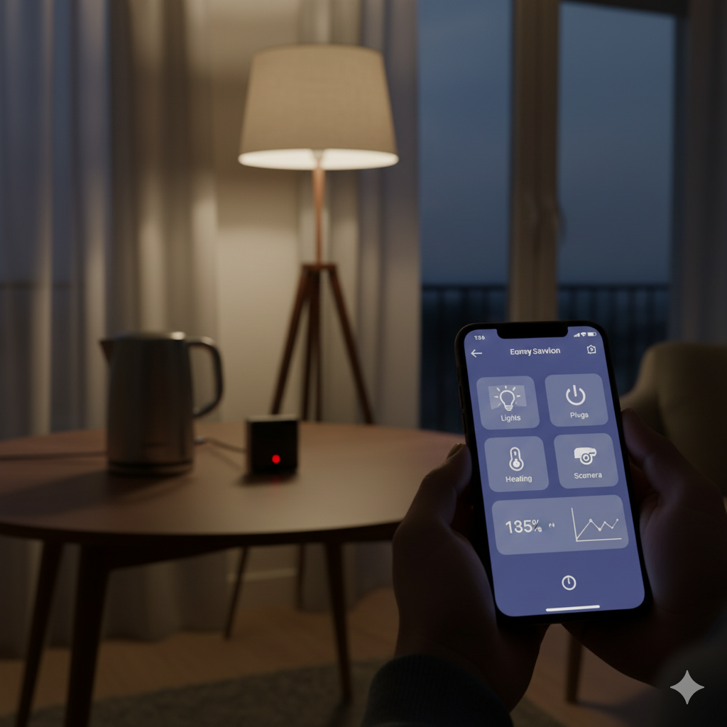 Close-up of hands holding a smartphone displaying a home automation dashboard with icons for lights, plugs, heating, and a security camera. In the background, a kettle is plugged into a smart socket on a table, and a lamp casts a soft glow in a modern UK living room at dusk, illustrating smart home control for energy saving.