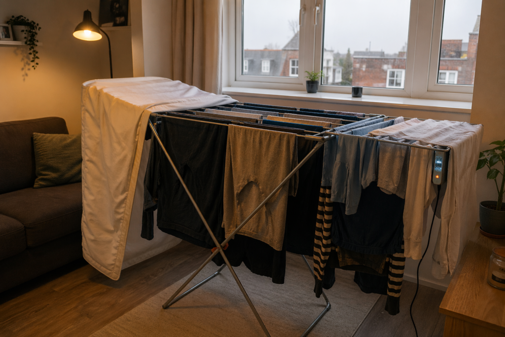Folding heated airer fully loaded with clothes and partial cover in a small UK flat with grey daylight visible through window