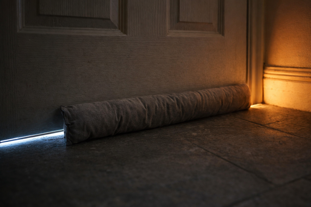 Fabric door draught excluder fitted at base of external door in UK home hallway blocking cold air