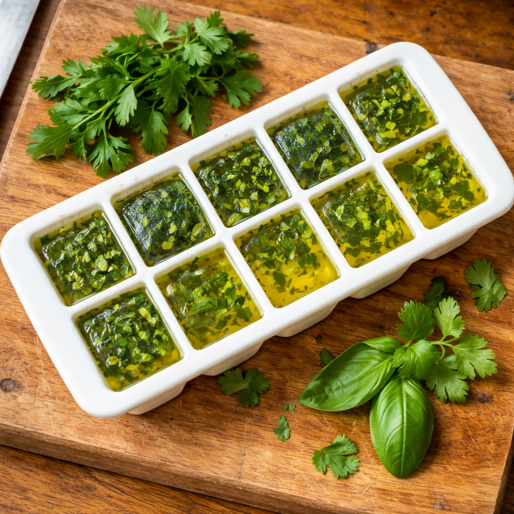 Silicone ice cube tray filled with chopped fresh herbs and olive oil ready to freeze