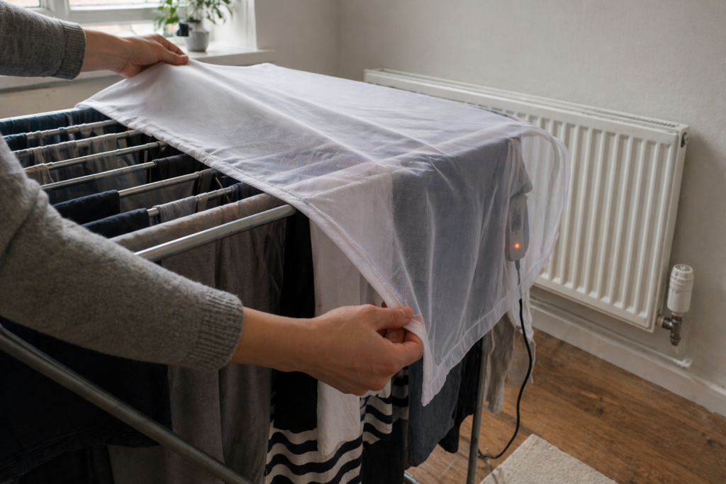 Hands draping a cover over a loaded folding heated airer in a small UK room with radiator visible in background