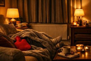 Cosy UK living room in winter with thermal curtains drawn, heated throw on sofa and warm lamp light