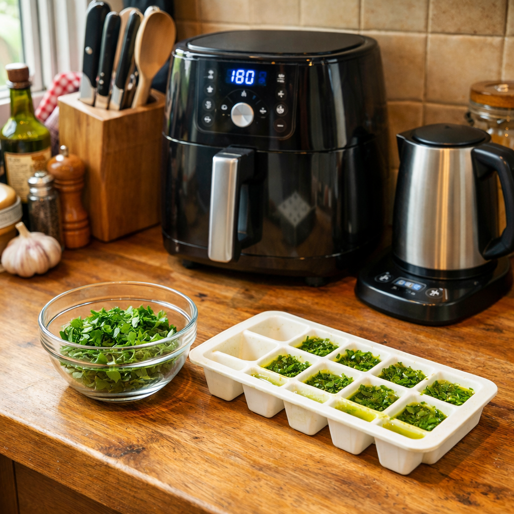 Organised UK kitchen worktop with air fryer, smart kettle, knife block and herb ice cube tray