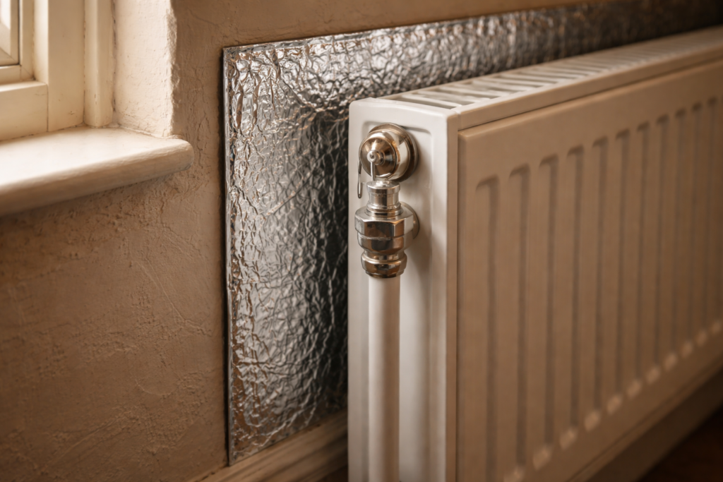 Reflective radiator panel fitted in gap between panel radiator and external wall in older UK property