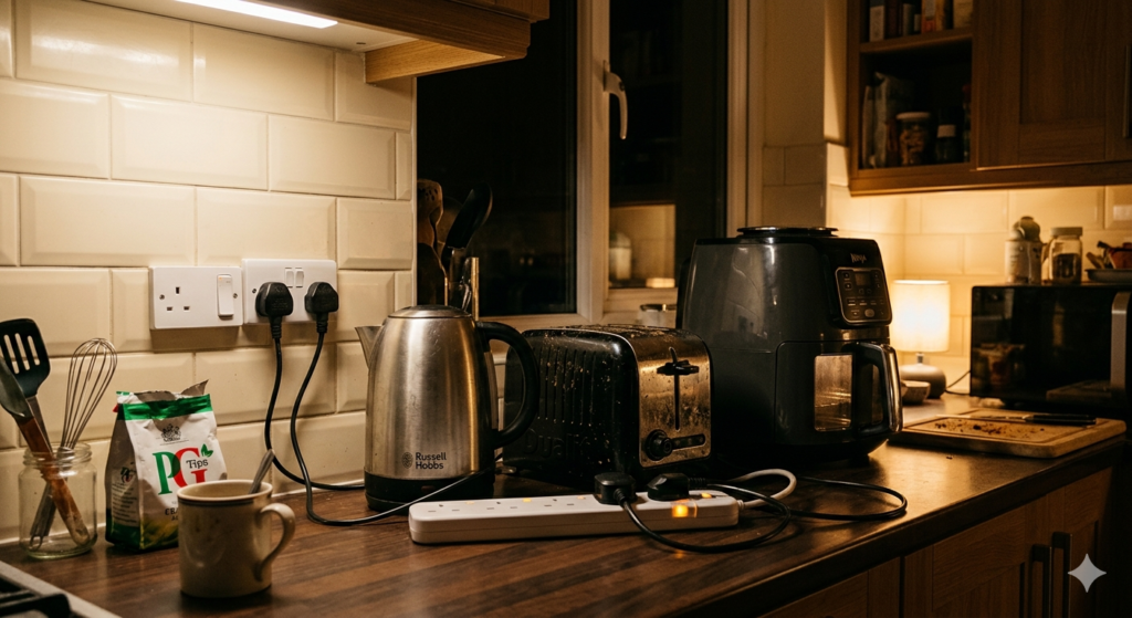 A smart extension lead on a UK kitchen worktop at night connected to a kettle toaster and air fryer with a small LED indicator light glowing