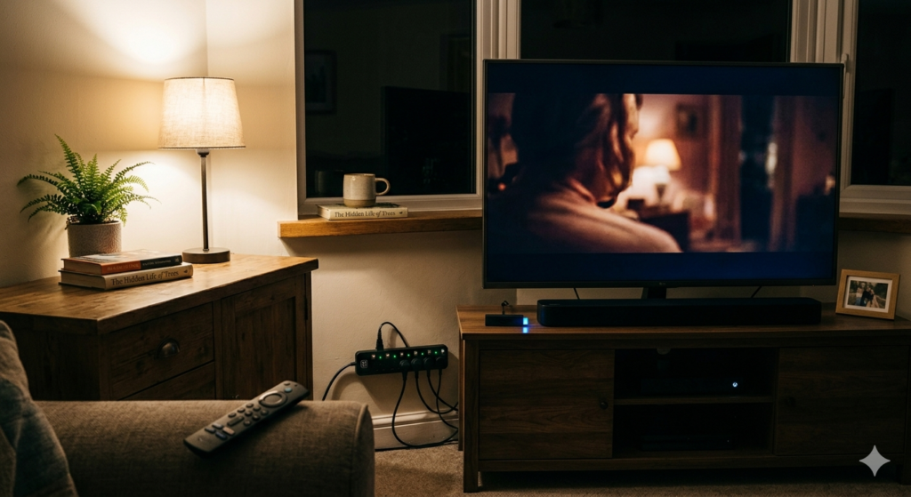 A smart extension lead connected to a TV soundbar and streaming stick on a UK living room TV unit at night with a lamp and remote control visible