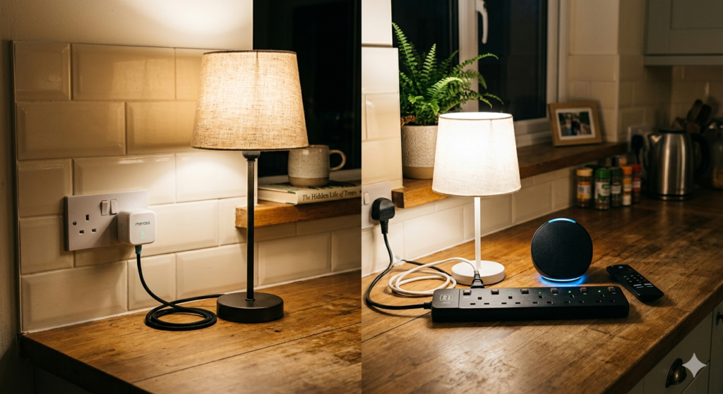 A smart plug controlling a single lamp on the left and a smart extension lead with multiple devices connected on the right showing the difference between the two setups