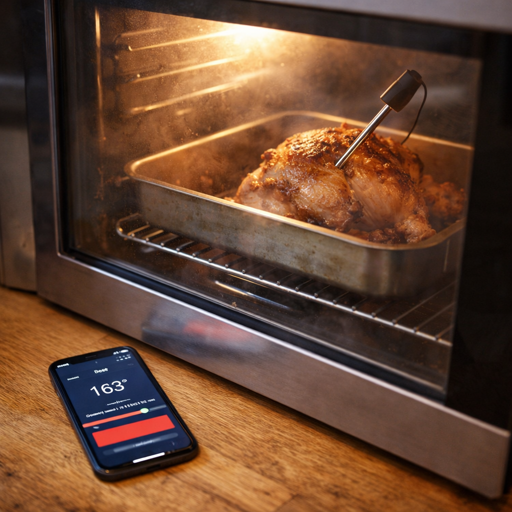 Wireless meat thermometer probe in a roasting joint inside a domestic oven with smartphone app showing temperature