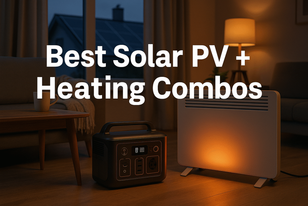 Portable solar power station and electric panel heater in a cosy UK living room at dusk with rooftop solar panels visible outside, titled Best Solar PV + Heating Combos.