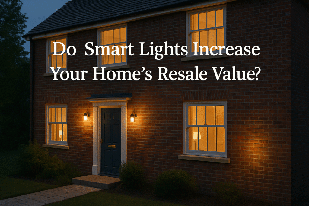 "Modern UK brick home at dusk with warm smart outdoor lighting and the title ‘Do Smart Lights Increase Your Home’s Resale Value?’ displayed across the image."