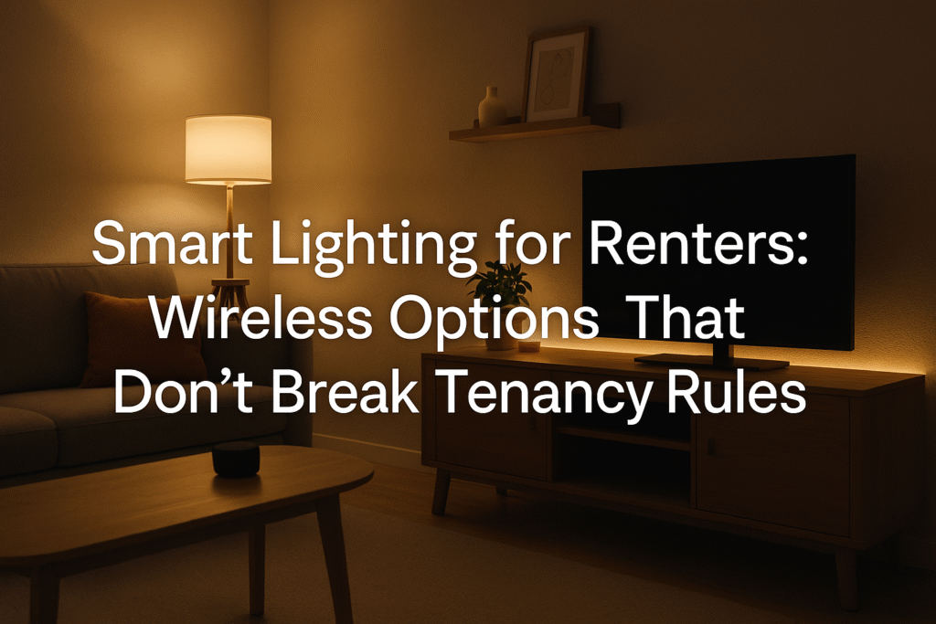 "Warm, cosy UK living room lit with renter-friendly smart lighting, including a smart bulb lamp and LED strip, with the title ‘Smart Lighting for Renters: Wireless Options That Don’t Break Tenancy Rules’ displayed across the image."