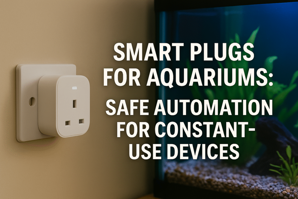 A smart plug installed in a wall socket beside a lit aquarium, with bold text reading “Smart Plugs for Aquariums: Safe Automation for Constant-Use Devices.”