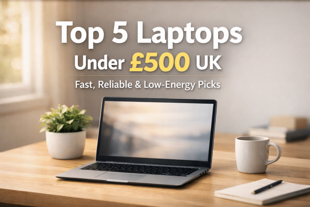 Unbranded laptop on a wooden desk with a plant and coffee mug in a bright UK home setting, featuring the text “Top 5 Laptops Under £500 UK – Fast, Reliable & Low-Energy Picks.”